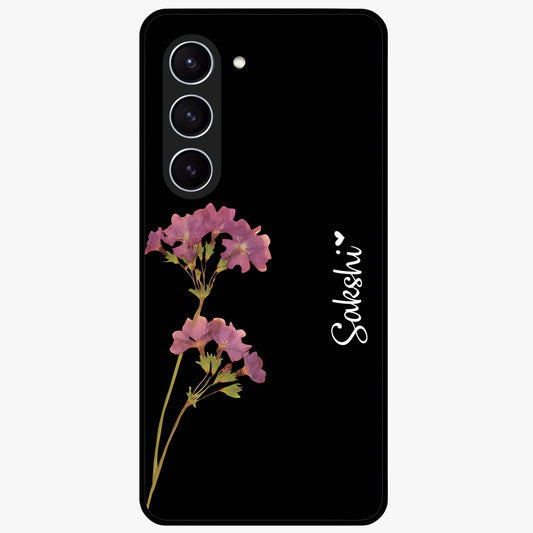 Riching Lavender Flower Custom Name Glass Case showing flat back view with lavender floral artwork and personalized name design.
