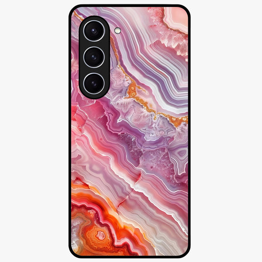 Rose Quartz Marble Glass Case showing flat back view with pink marble quartz texture artwork and glossy glass finish.