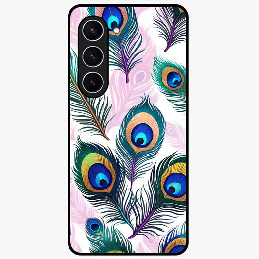 Royal Peacock Feathers Glass Case showing flat back view with colorful peacock feather artwork and glossy glass finish.