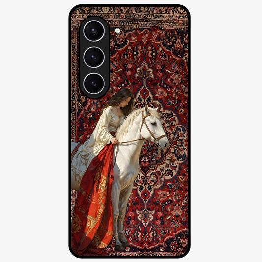 Royal Rider Tapestry Glass Case showing flat back view with majestic horse rider tapestry artwork and glossy glass finish.