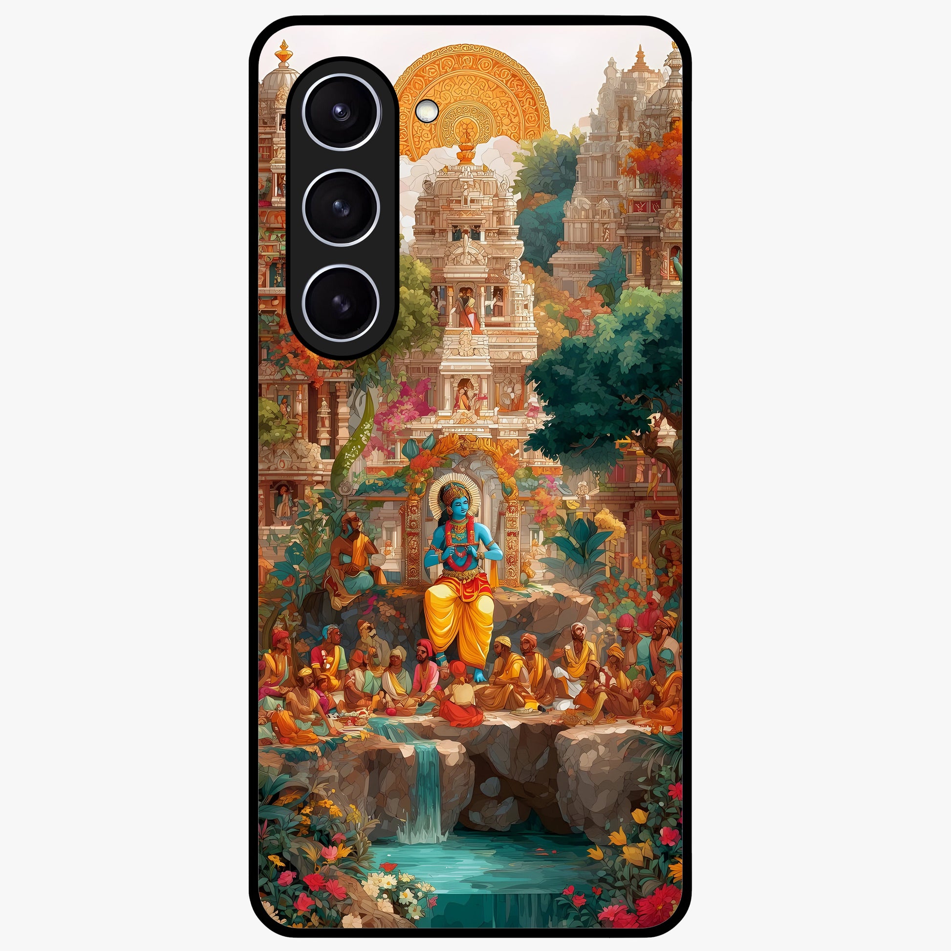 Sacred Sunlight Gods Glass Case showing flat back view with divine sunlight themed artwork and glossy glass finish.