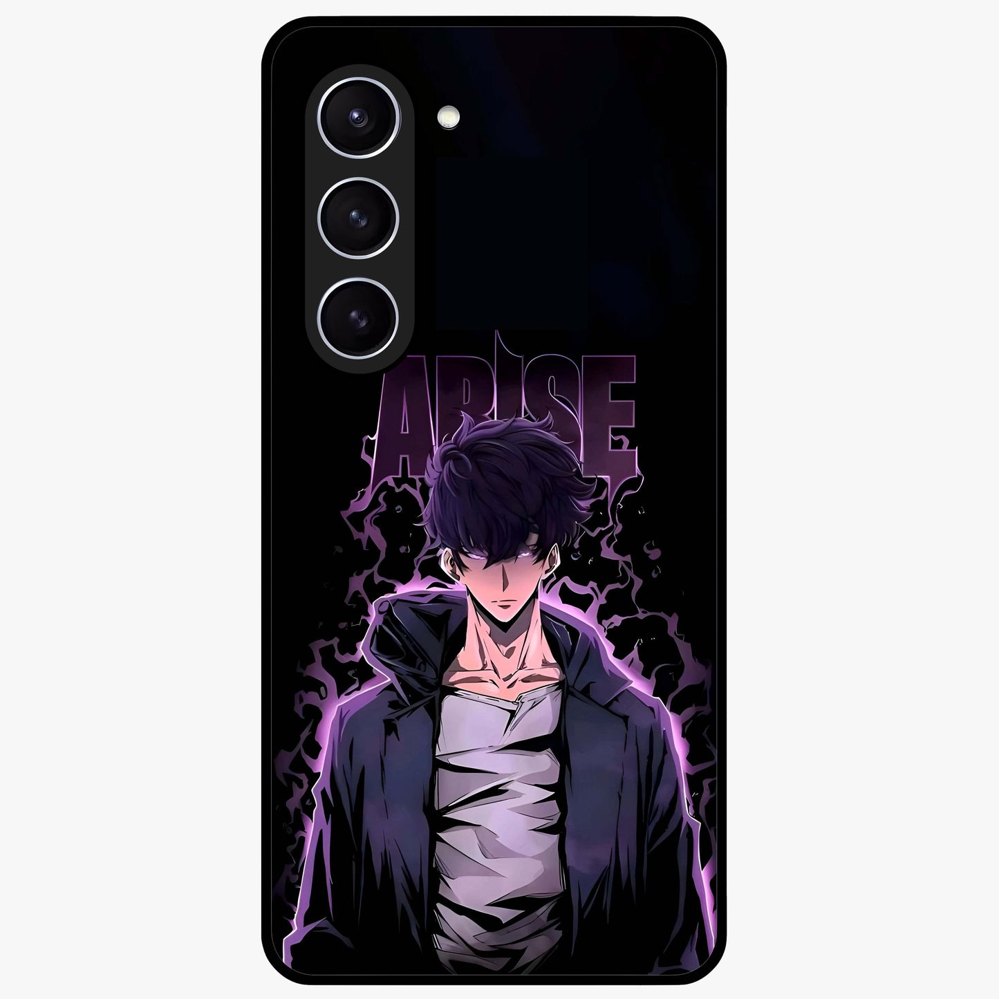 Shadow Monarch Awakening Glass Case showing flat back view with powerful dark monarch themed artwork and glossy glass finish.