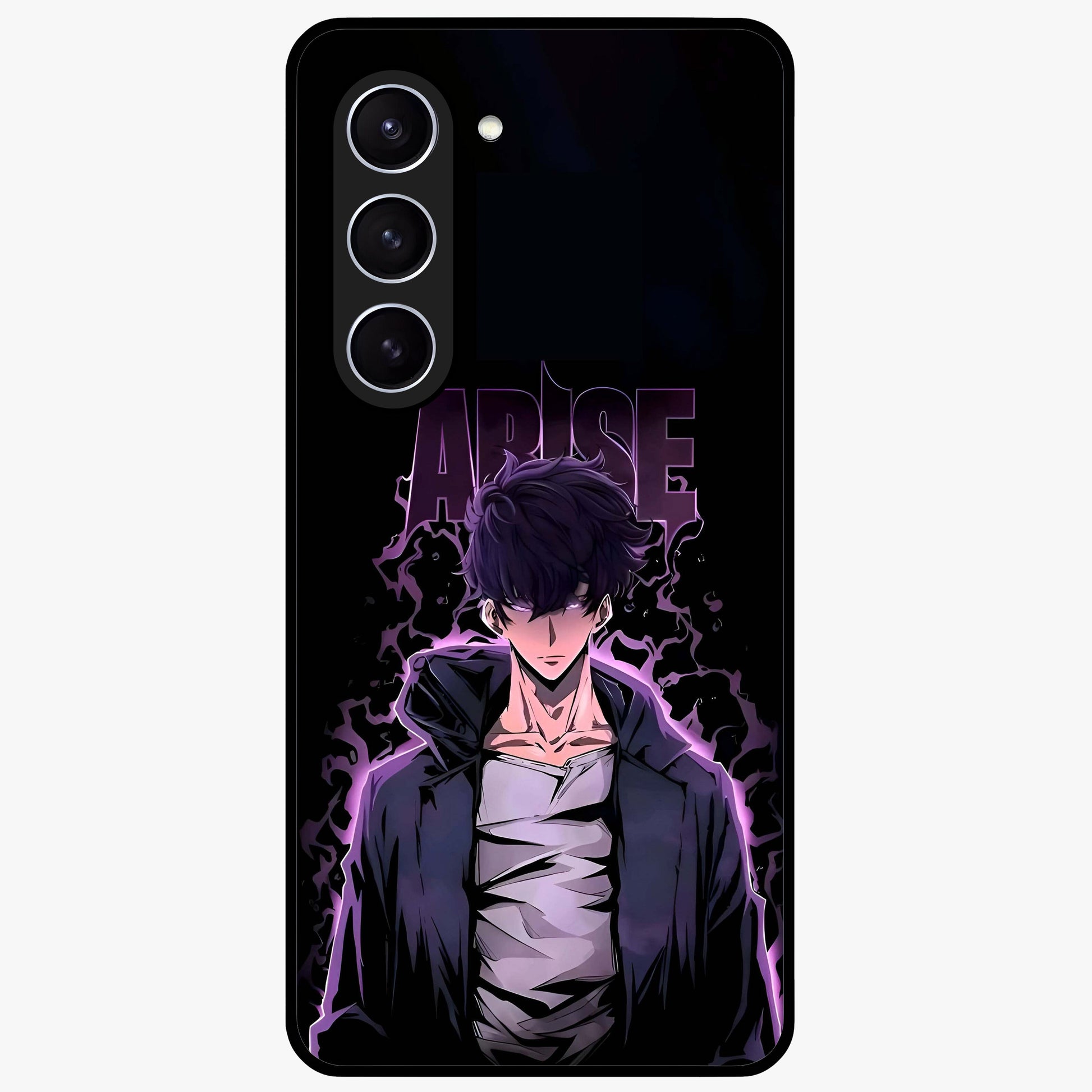 Shadow Monarch Awakening Glass Case showing flat back view with powerful dark monarch themed artwork and glossy glass finish.