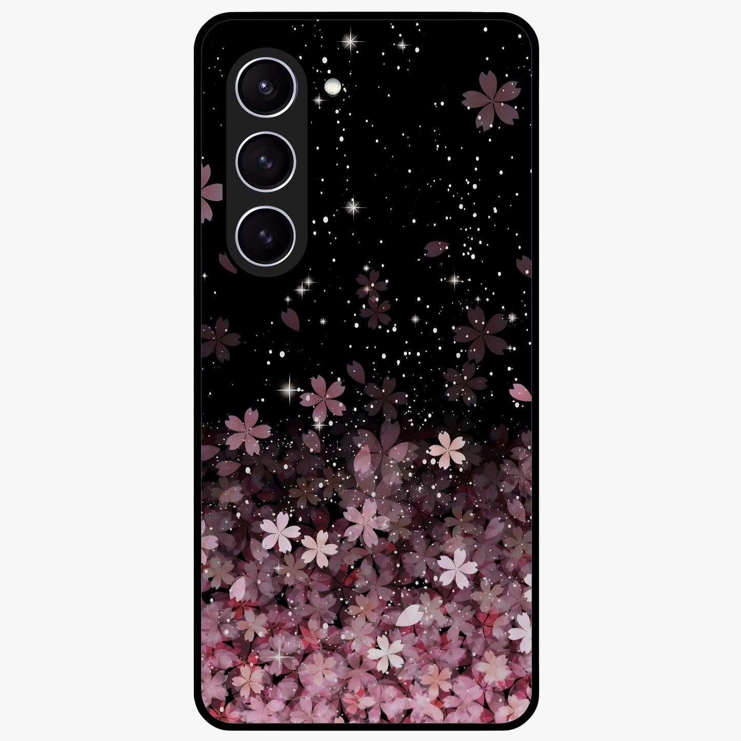 Small Starry Flowers Glass Case showing flat back view with delicate starry floral artwork and glossy glass finish.