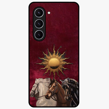 Solar Riders Glass Case showing flat back view with dynamic rider themed artwork and glossy glass finish.