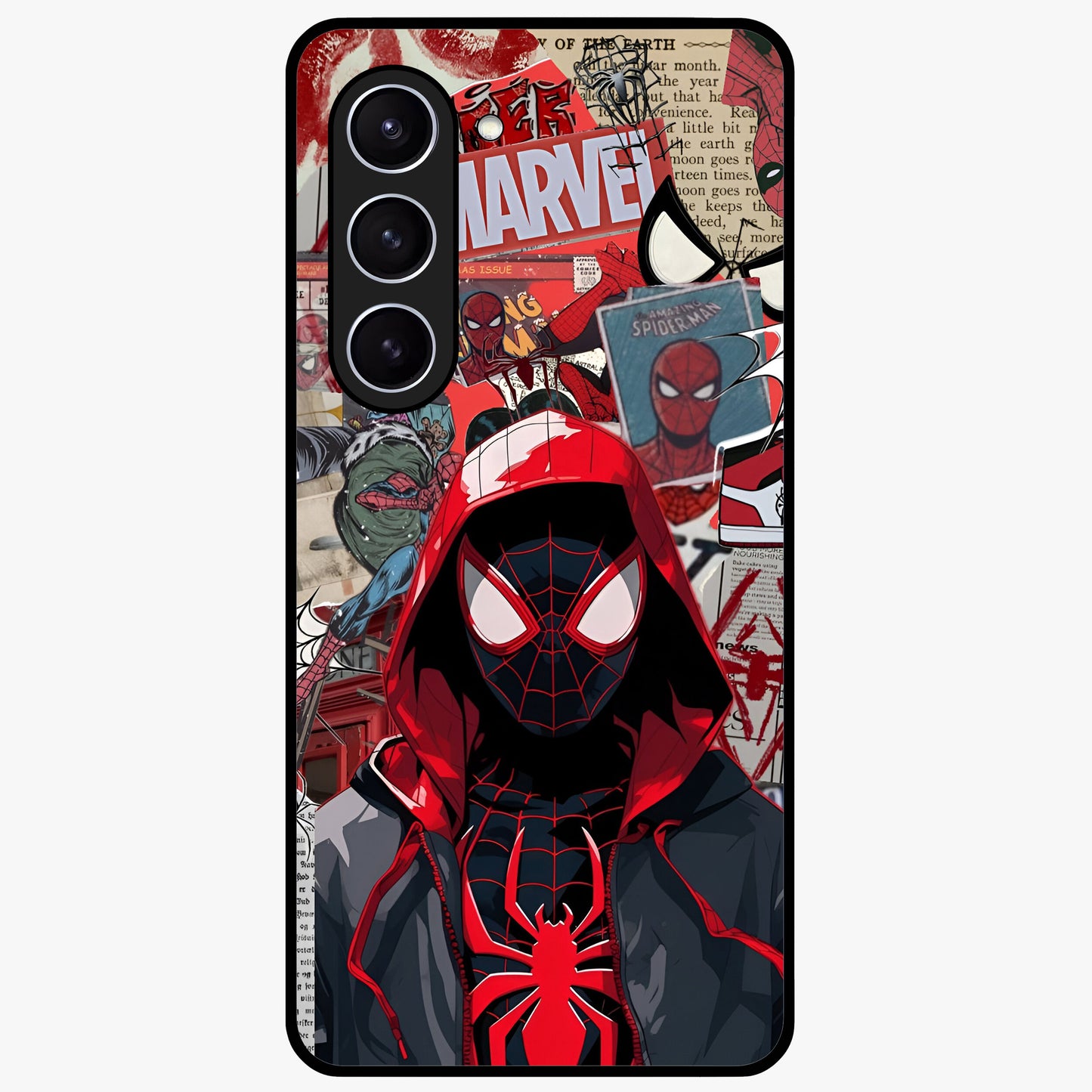 Spider Collage Street Glass Case showing flat back view with vibrant superhero collage artwork and glossy glass finish.