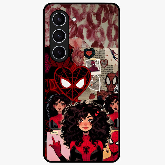 Spider Love Story Glass Case showing flat back view with romantic superhero themed artwork and glossy glass finish.