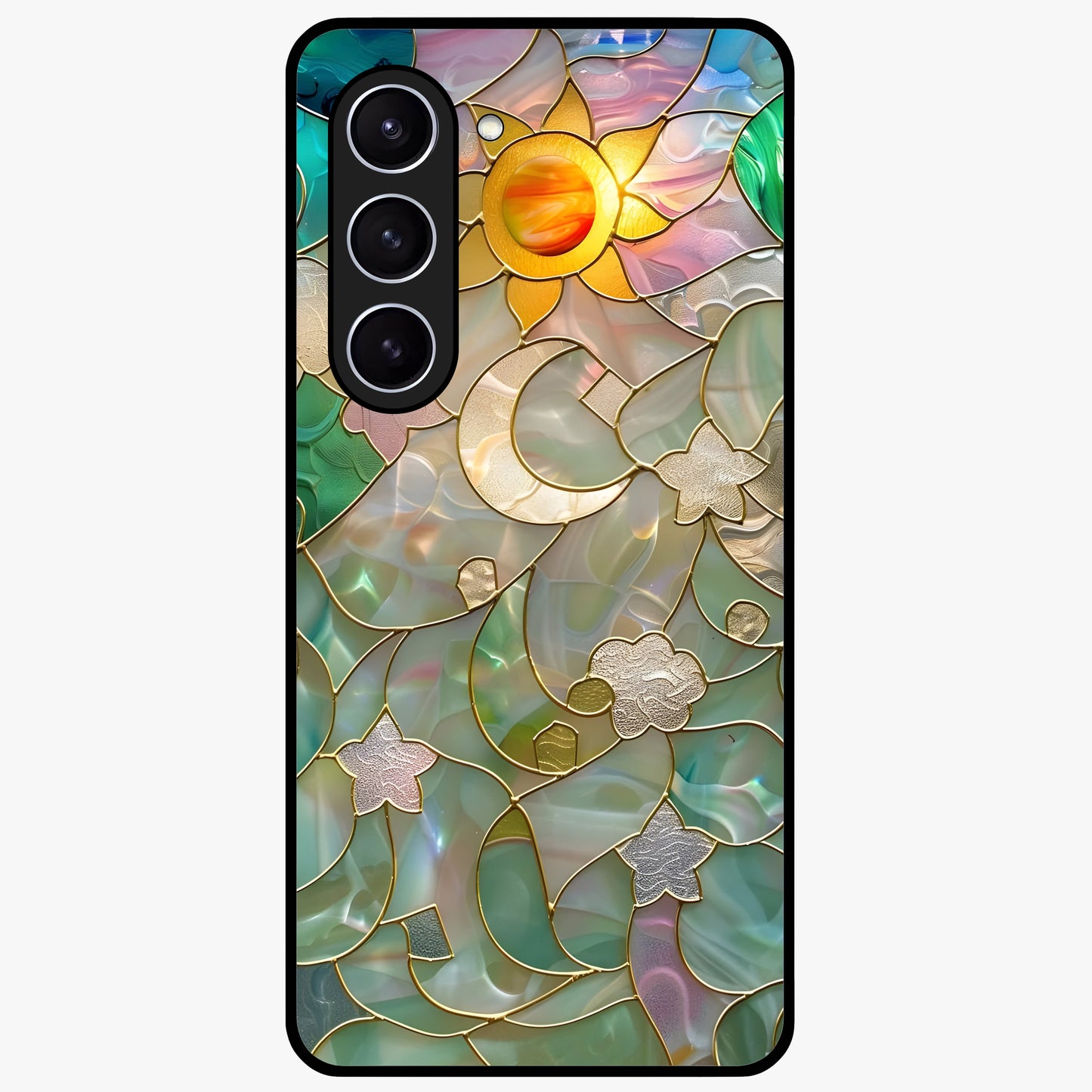 Stained Sunrise Glow Glass Case showing flat back view with glowing sunrise stained pattern artwork and glossy glass finish.