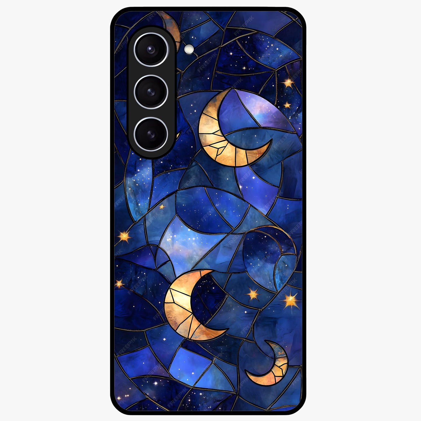 Starlit Sky Tapestry Glass Case showing flat back view with decorative starry sky tapestry artwork and glossy glass finish.