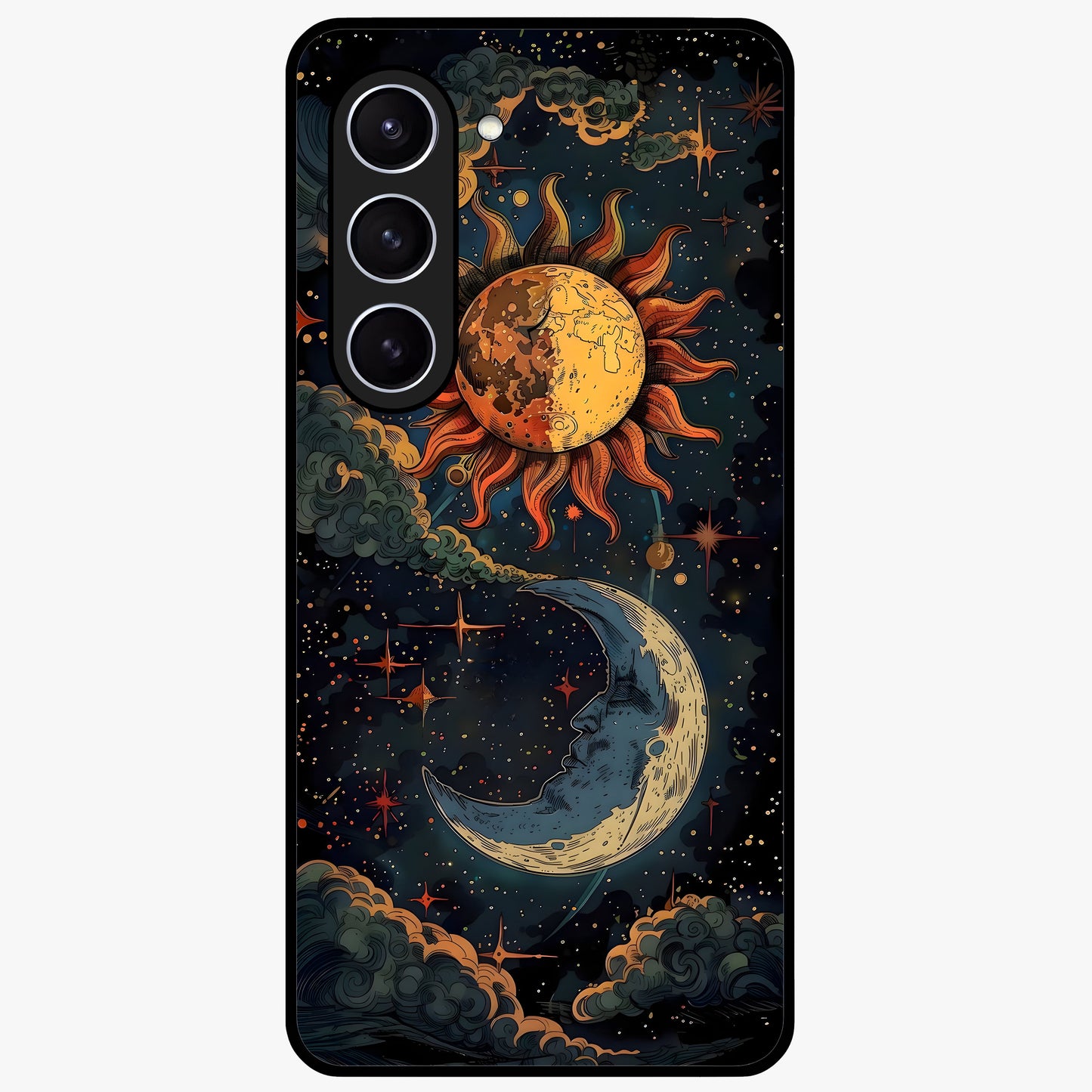 Sun And Moon Magic Design Glass Case showing flat back view with mystical sun and moon artwork and glossy glass finish.