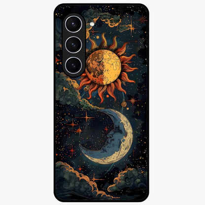 Sun And Moon Magic Design Glass Case showing flat back view with mystical sun and moon artwork and glossy glass finish.