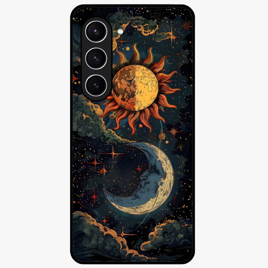 Sun And Moon Magic Design Glass Case showing flat back view with mystical sun and moon artwork and glossy glass finish.