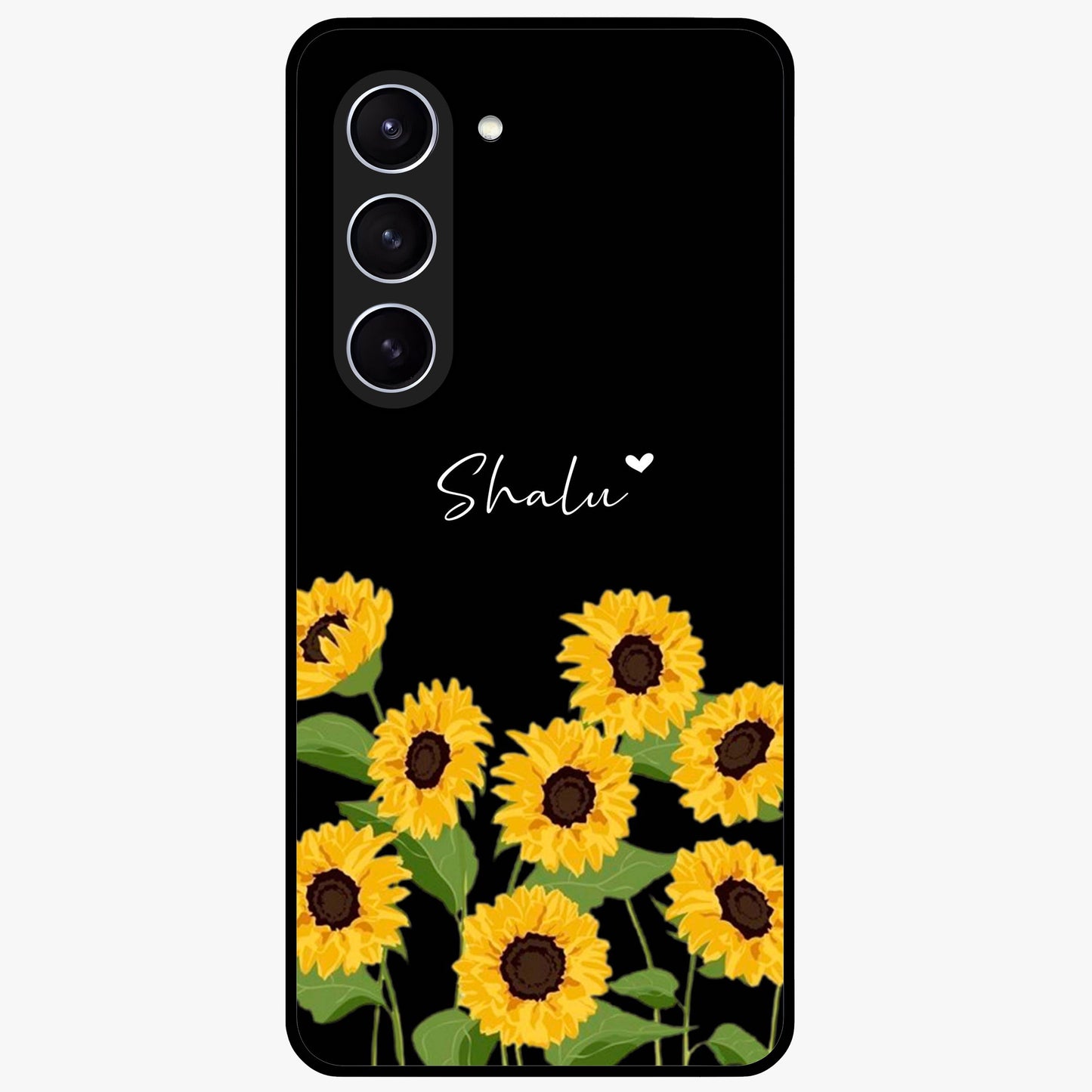 Sunflower Chic Mood Custom Name Glass Case showing flat back view with stylish sunflower artwork and personalized name design.