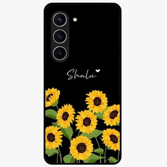 Sunflower Chic Mood Custom Name Glass Case showing flat back view with stylish sunflower artwork and personalized name design.
