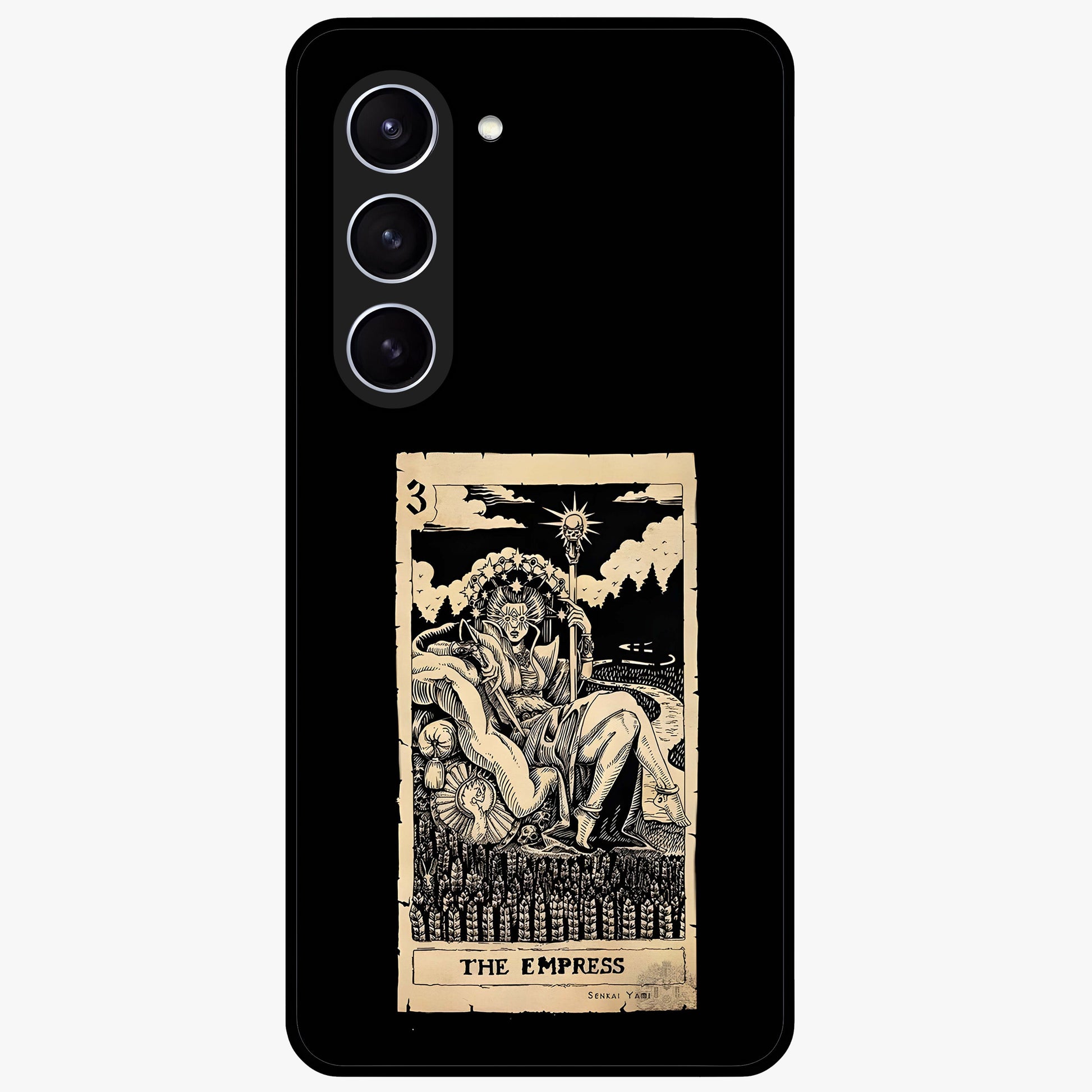 The Empress Glass Case showing flat back view with regal feminine artwork and glossy glass finish.