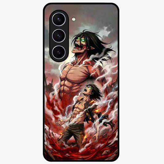 Titan Awakening Fury Glass Case showing flat back view with powerful titan inspired artwork and glossy glass finish.
