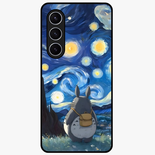Totoro In Van Gogh Art Glass Case showing flat back view with whimsical character artwork inspired by Van Gogh style and glossy glass finish.