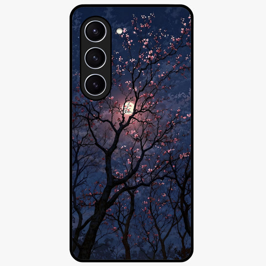 Twilight Sakura Serenade Glass Case showing flat back view with cherry blossom artwork at twilight and glossy glass finish.