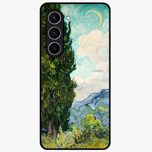 Van Gogh Vintage Art Glass Case showing flat back view with vintage painterly artwork inspired by Van Gogh style and glossy glass finish.