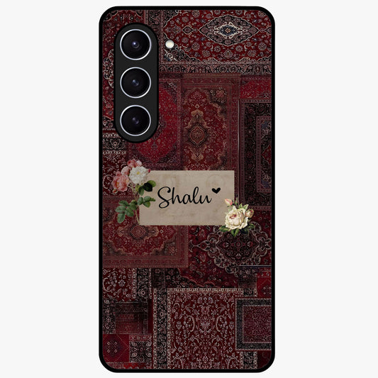 Velvet Wine Pattern Custom Name Glass Case showing flat back view with elegant wine colored pattern artwork and personalized name design.