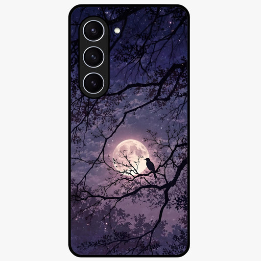 Whispering Moon Silence Glass Case showing flat back view with serene moon themed artwork and glossy glass finish.