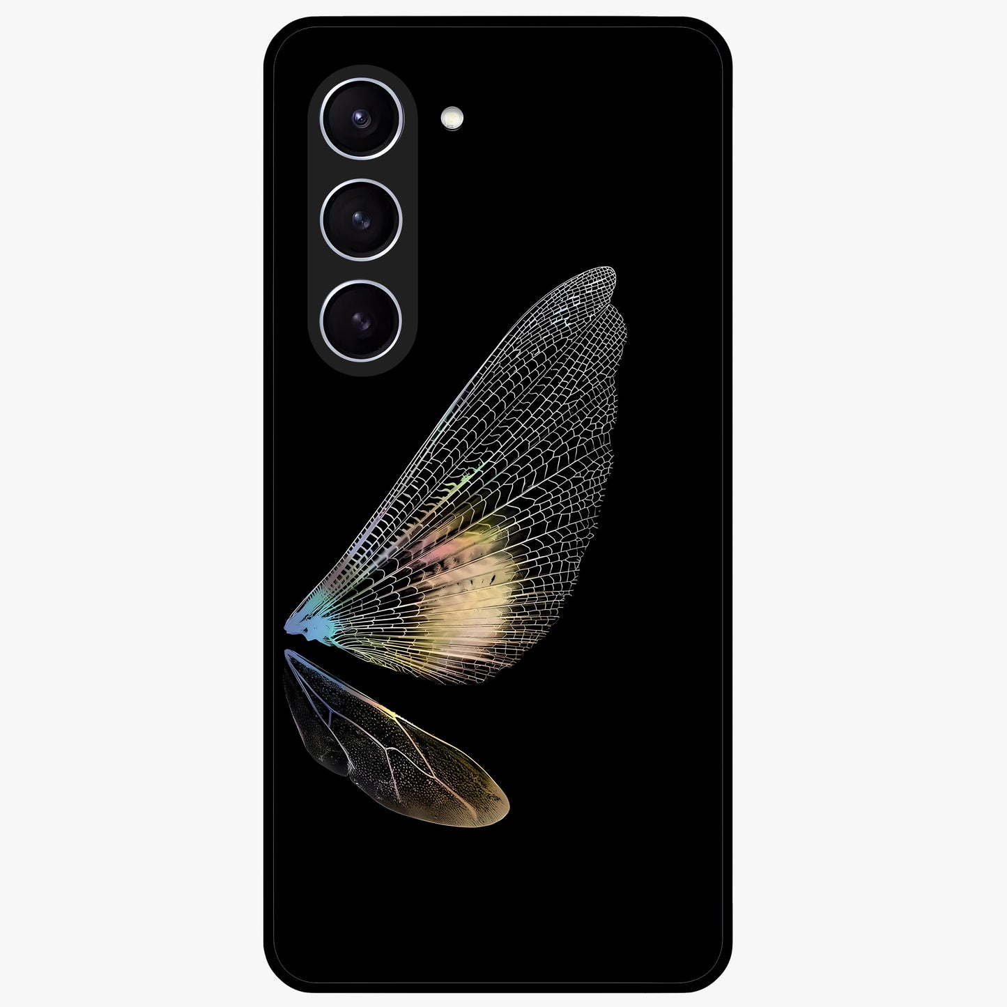 Whispers Of Wings Glass Case showing flat back view with graceful wing inspired artwork and glossy glass finish.