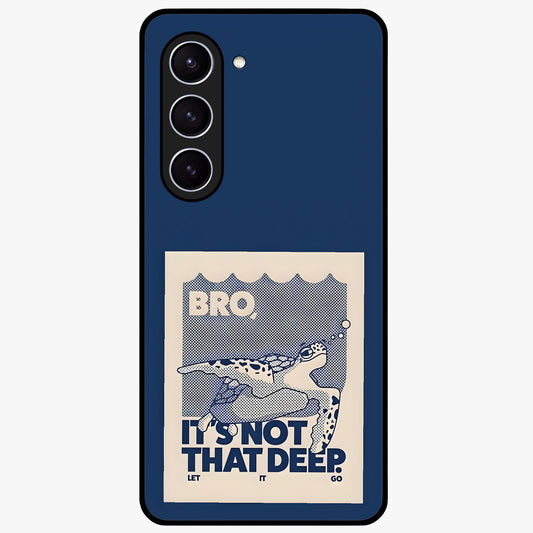 Worry Less Swim Glass Case showing flat back view with playful motivational artwork and glossy glass finish.
