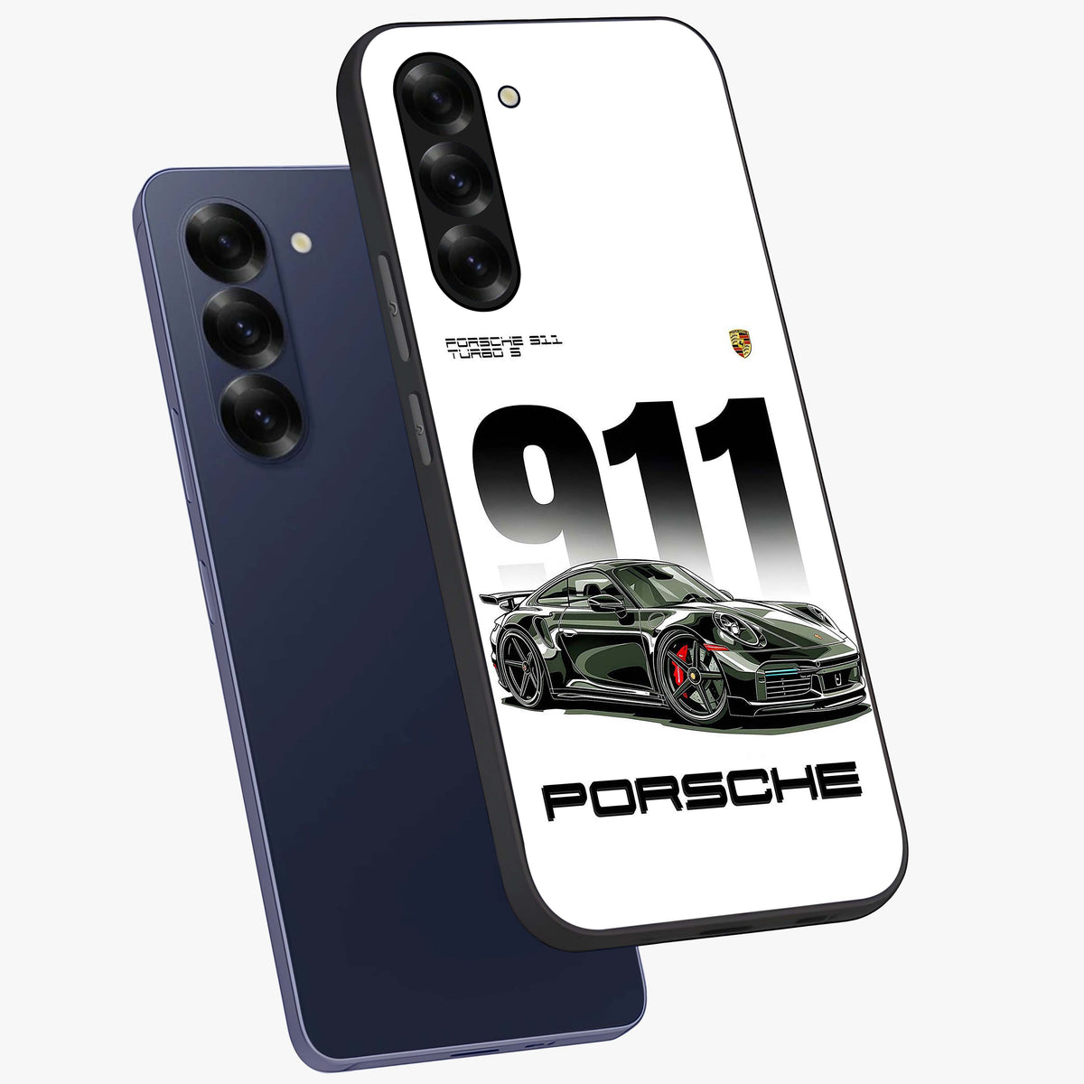 911 Turbo Dominance Glass Case displayed in premium angled mockup highlighting sporty car illustration and sleek glass surface.