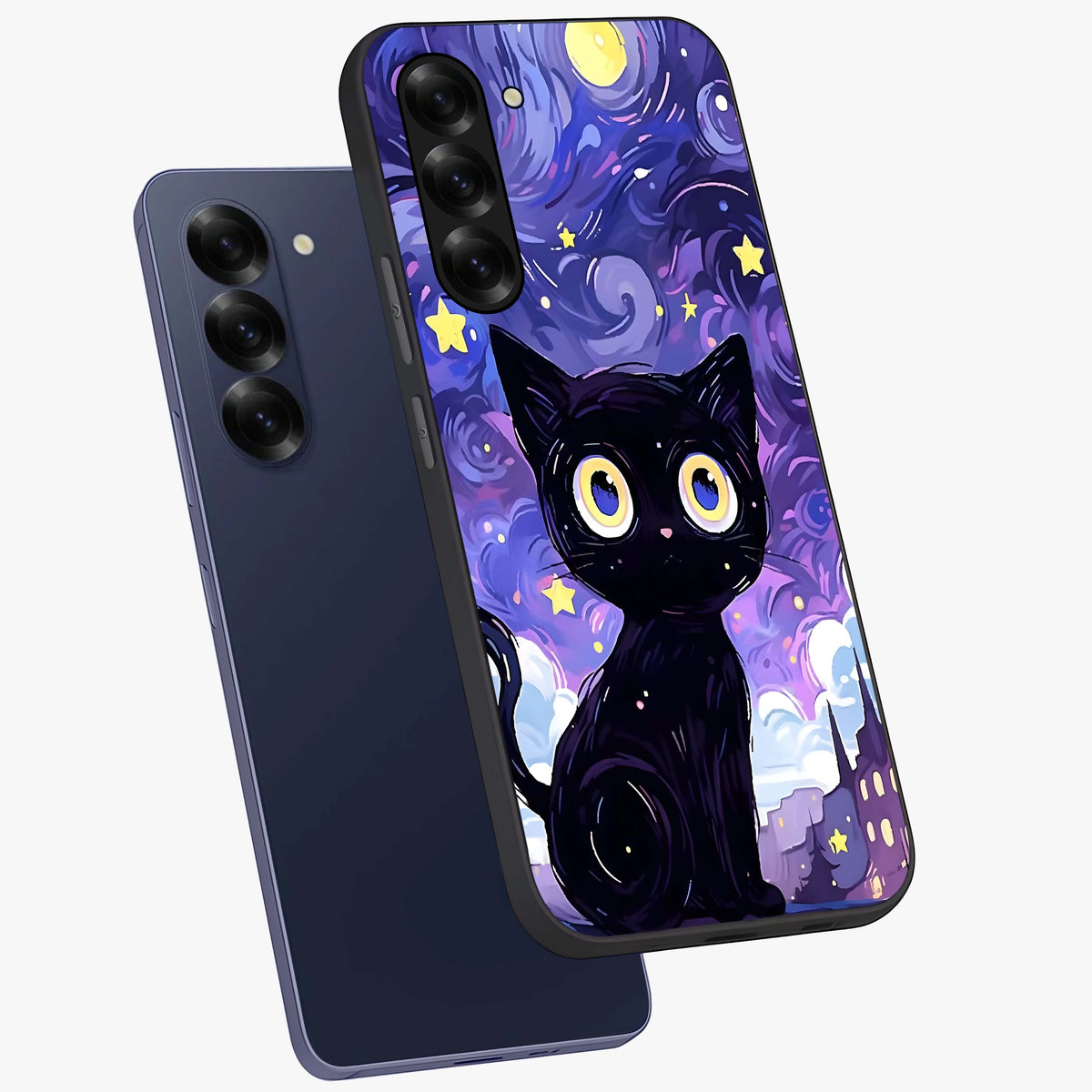 Abstract Cat Art Glass Case displayed in angled mockup highlighting modern abstract cat artwork and sleek glass surface.