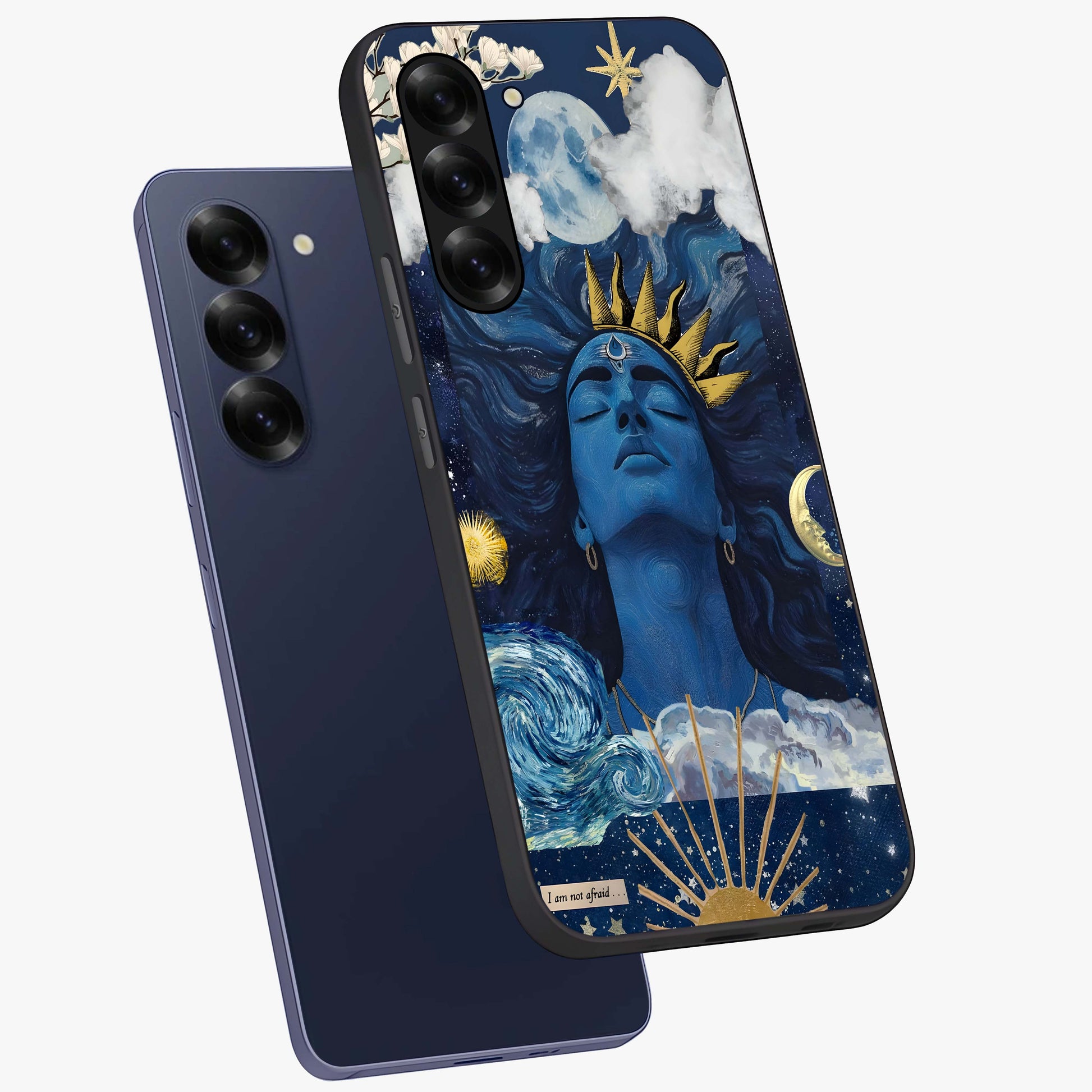 Aesthetic Lord Shiva Glass Case displayed in angled mockup highlighting spiritual Shiva illustration and sacred aesthetic design.