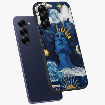 Aesthetic Lord Shiva Glass Case displayed in angled mockup highlighting spiritual Shiva illustration and sacred aesthetic design.