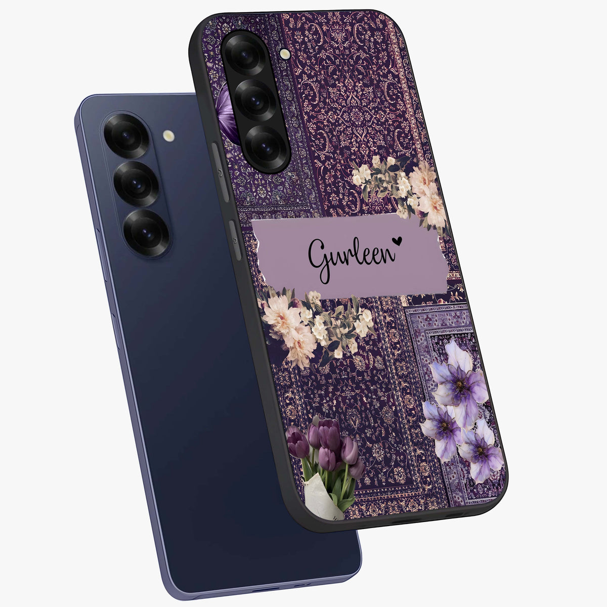 Antique Floral Whisper Custom Name Glass Case displayed in angled mockup highlighting elegant antique floral aesthetic.