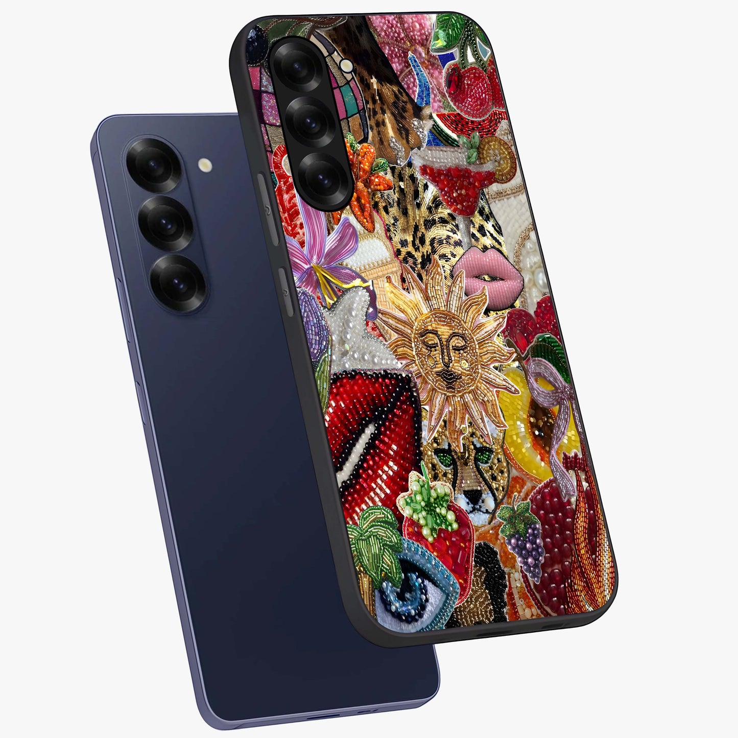 Beaded Fashion Jungle Glass Case displayed in angled mockup highlighting colorful fashion bead design and artistic pattern.