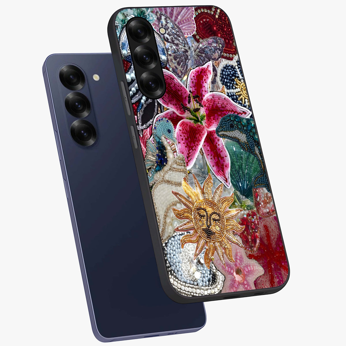 Beaded Garden Fantasy Glass Case displayed in angled mockup highlighting fantasy inspired floral bead pattern.