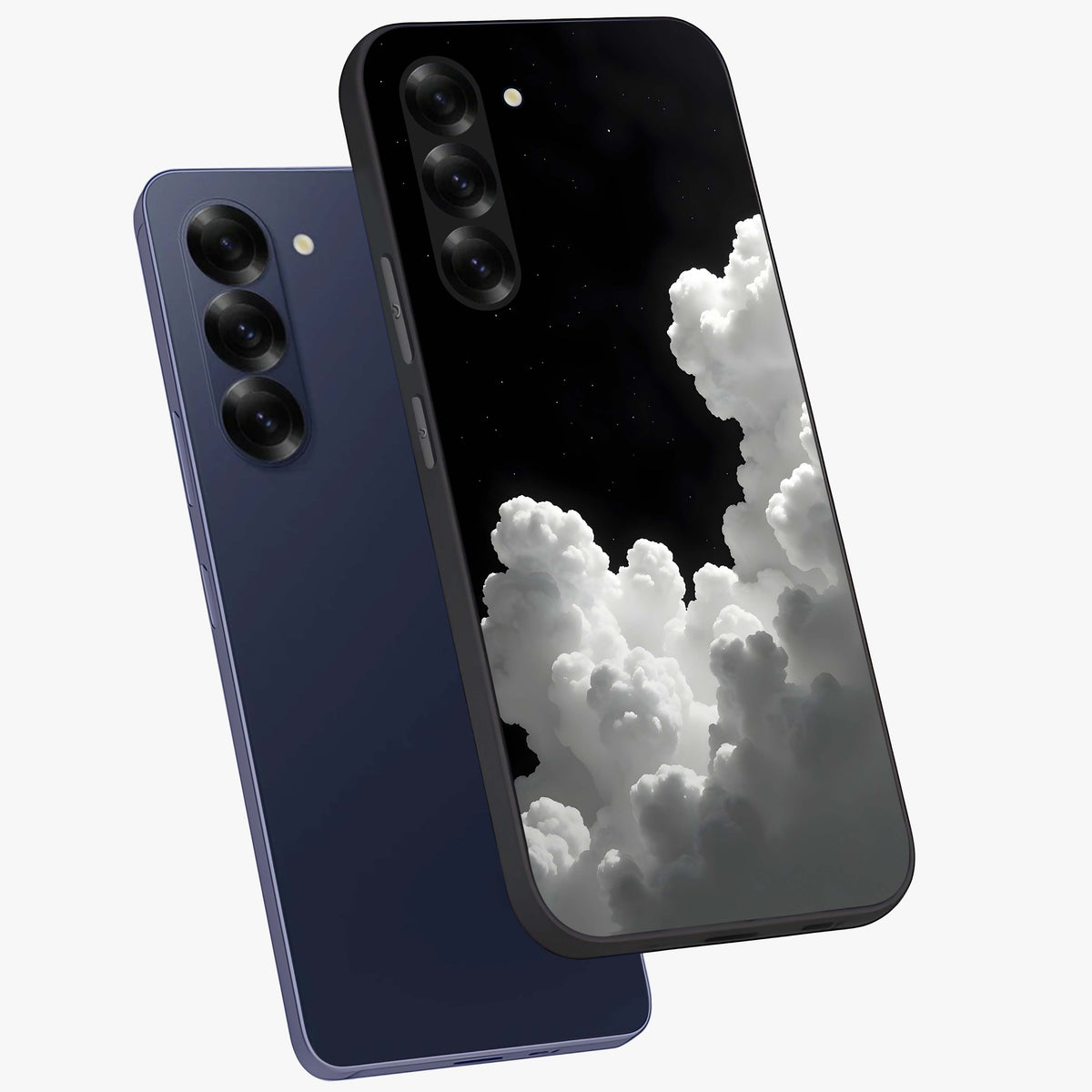 Black Background With White Cloud Glass Case displayed in angled mockup highlighting soft white cloud illustration and minimal design.