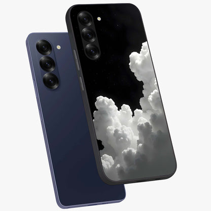 Black Background With White Cloud Glass Case displayed in angled mockup highlighting soft white cloud illustration and minimal design.