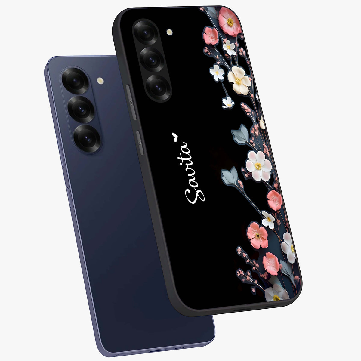 Black Elegance Floral Custom Name Glass Case displayed in angled mockup highlighting dark floral aesthetic and custom name feature.