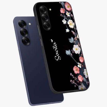 Black Elegance Floral Custom Name Glass Case displayed in angled mockup highlighting dark floral aesthetic and custom name feature.