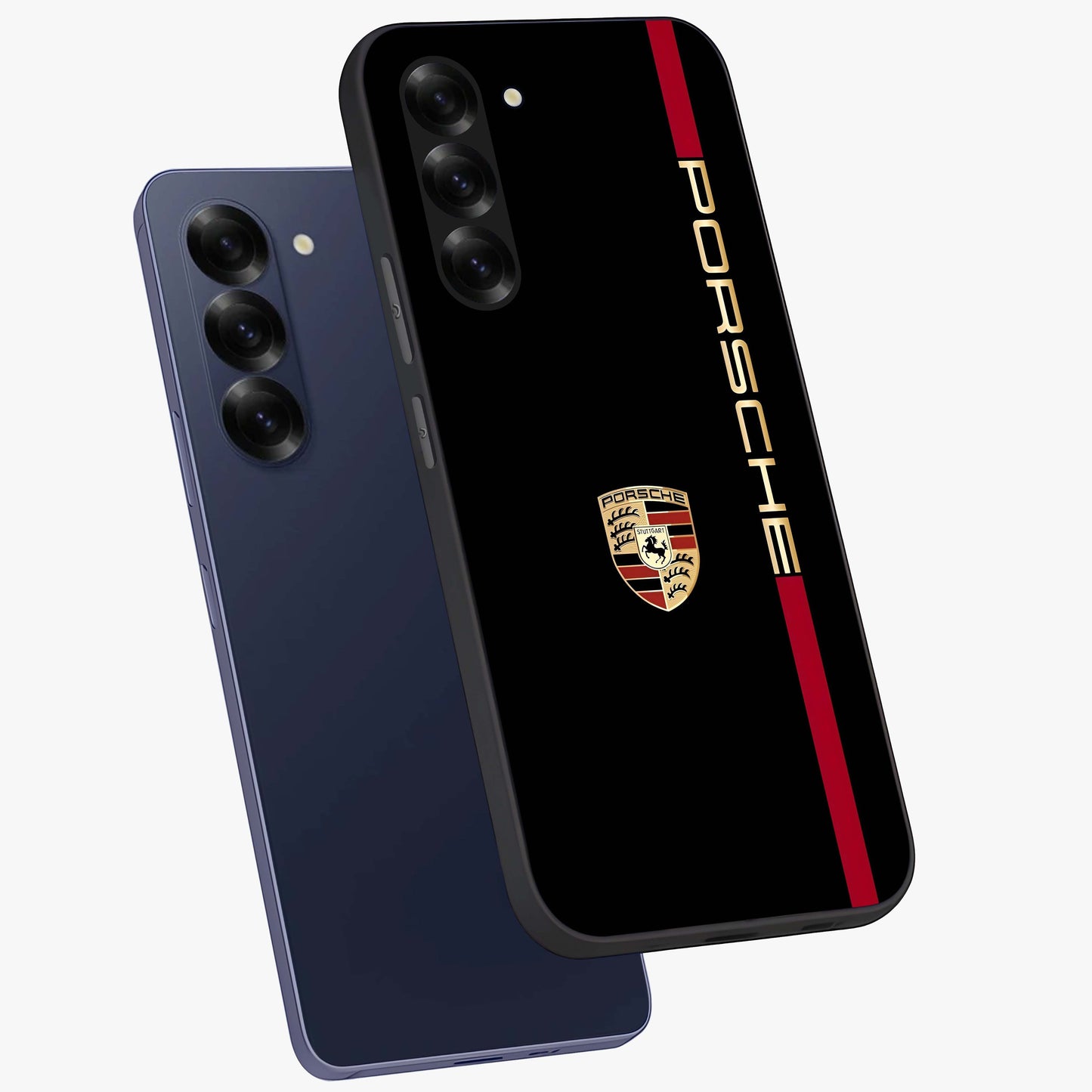 Black Minimal Porsche Glass Case displayed in angled mockup highlighting modern minimal car illustration and clean aesthetic design.