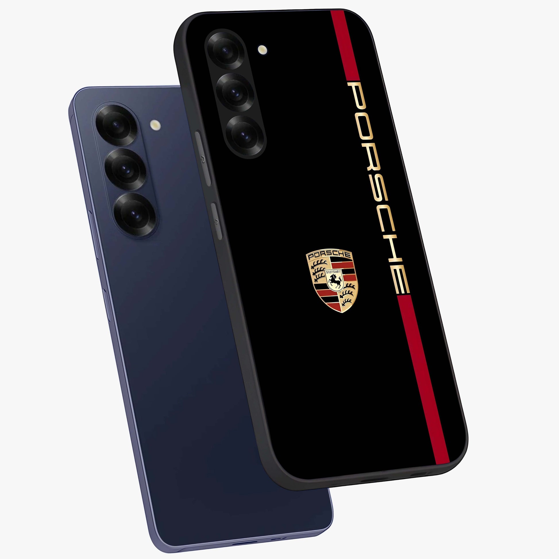 Black Minimal Porsche Glass Case displayed in angled mockup highlighting modern minimal car illustration and clean aesthetic design.
