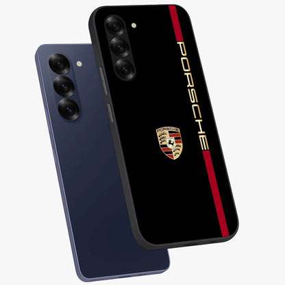 Black Minimal Porsche Glass Case displayed in angled mockup highlighting modern minimal car illustration and clean aesthetic design.