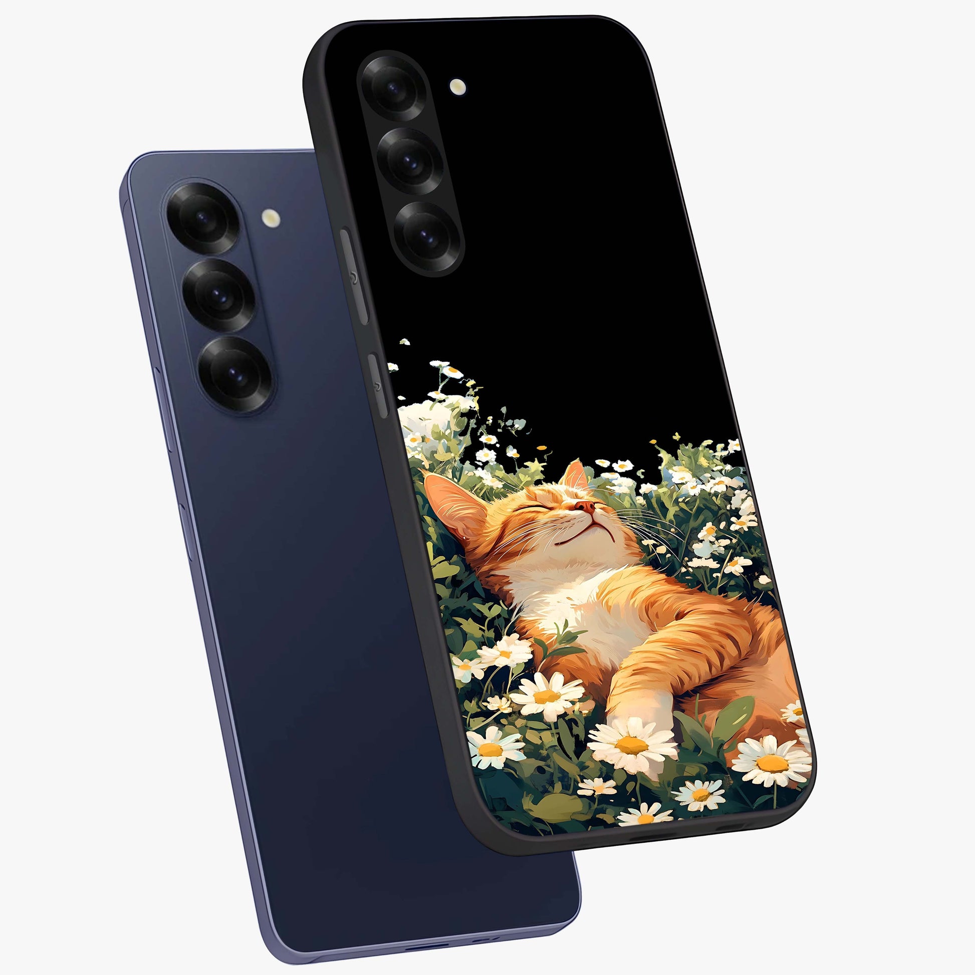 Blissful Bloom Cat Glass Case displayed in angled mockup highlighting playful feline illustration with soft floral aesthetic.