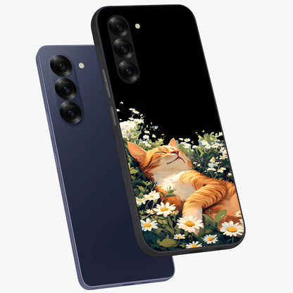 Blissful Bloom Cat Glass Case displayed in angled mockup highlighting playful feline illustration with soft floral aesthetic.