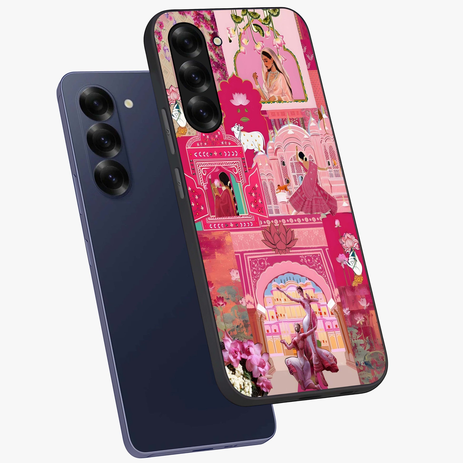 Blossoms of Rajasthan Glass Case displayed in angled mockup highlighting vibrant floral pattern with cultural aesthetic style.