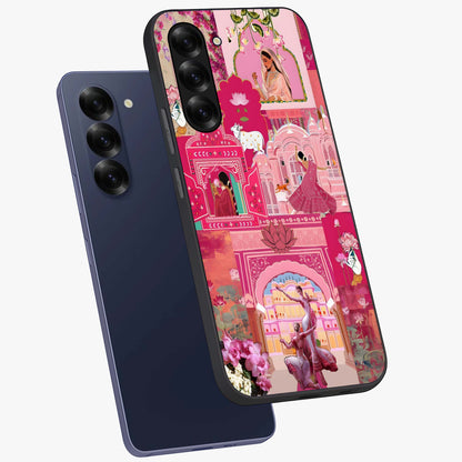 Blossoms of Rajasthan Glass Case displayed in angled mockup highlighting vibrant floral pattern with cultural aesthetic style.