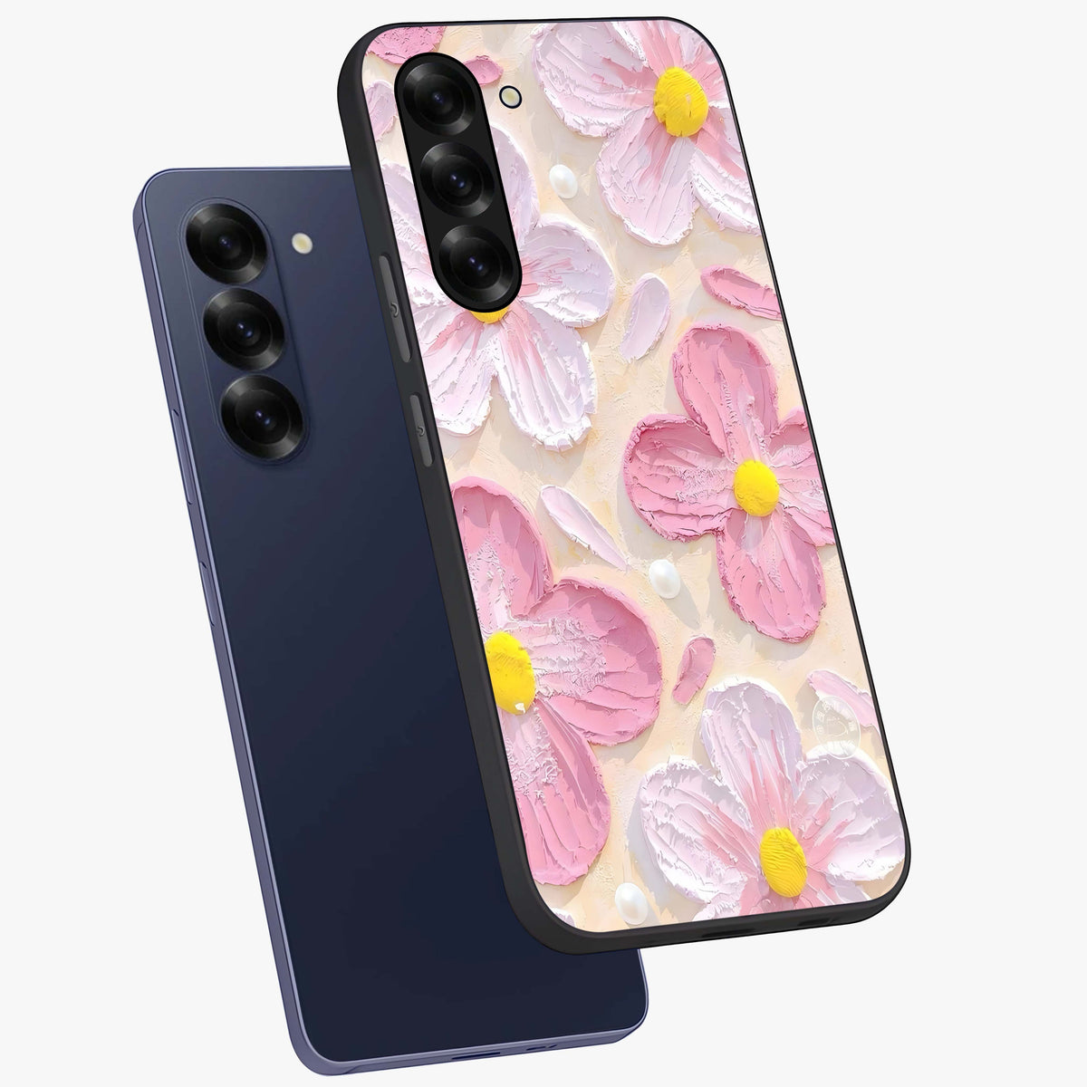 Blush Bloom Texture Glass Case displayed in angled mockup highlighting subtle bloom pattern with aesthetic pastel design.