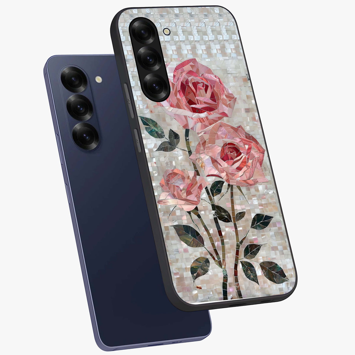 Blush Mosaic Bloom Glass Case displayed in angled mockup highlighting artistic mosaic flower pattern with aesthetic design.