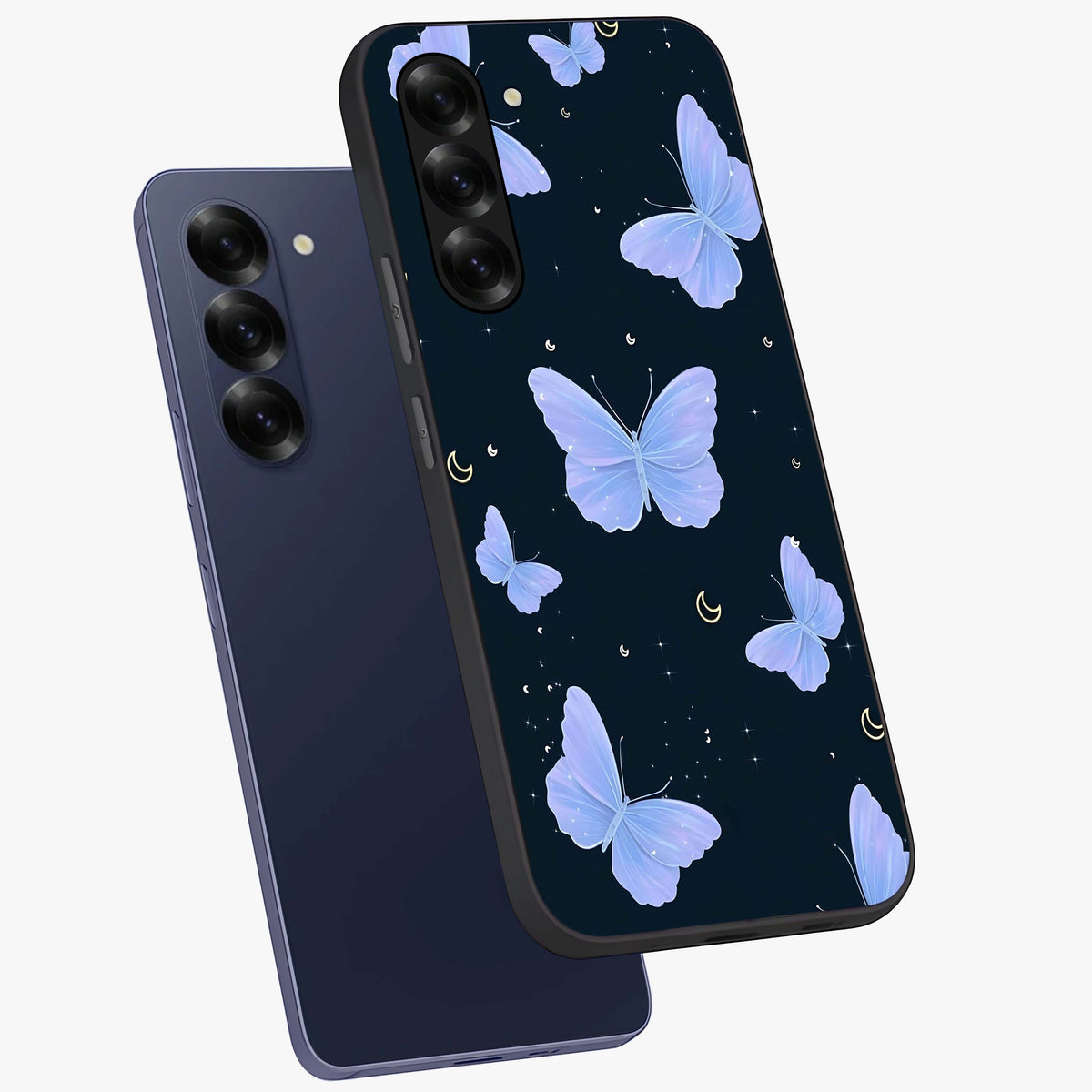 Butterfly With Stars Pattern Glass Case displayed in angled mockup highlighting dreamy butterfly and star design with aesthetic theme.