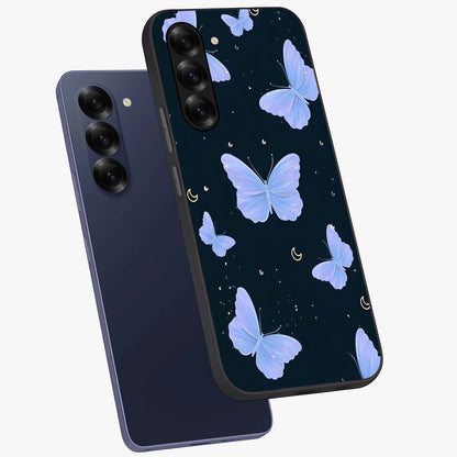 Butterfly With Stars Pattern Glass Case displayed in angled mockup highlighting dreamy butterfly and star design with aesthetic theme.