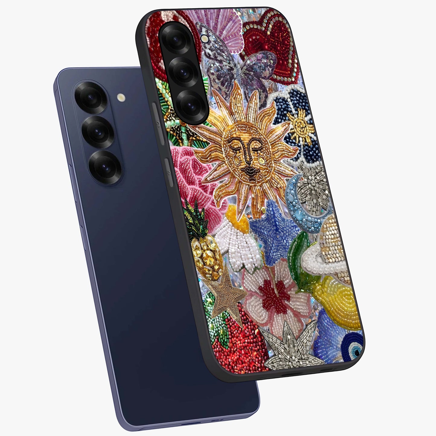Celestial Floral and Playful Glass Case displayed in angled mockup highlighting playful floral design with dreamy celestial elements.